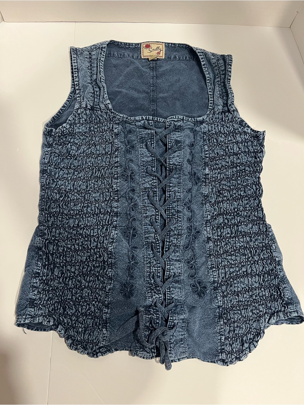Scully Dark Blue Denim Lace-Up Smocked Tank